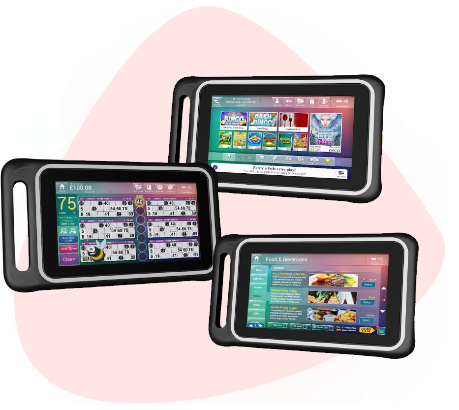 Image of a handheld gaming tablet display the ecm systems retail bingo gaming launcher with the text 'A feature rich handheld gaming solution for retail bingo.', Image of a handheld gaming tablet display the ecm systems retail bingo mainstage ticket bingo with the text 'Top up and play Bingo!', Image of a handheld gaming tablet display the ecm systems retail food and beverage order app with the text 'Spin reels games & order food! All from one device.'